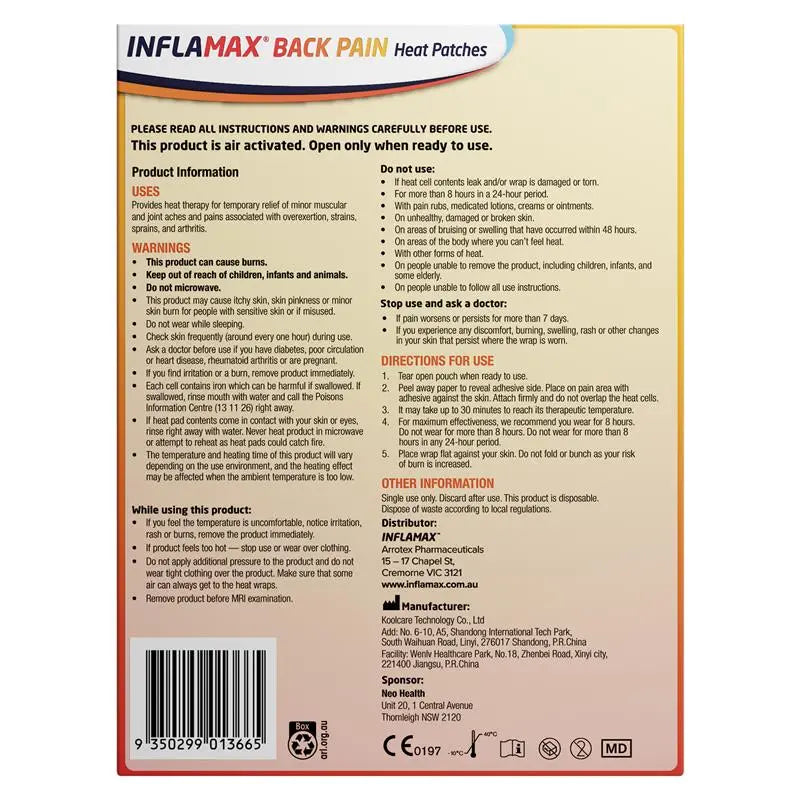 Inflamax Back Pain Heat Patches XL Size 2 Pack