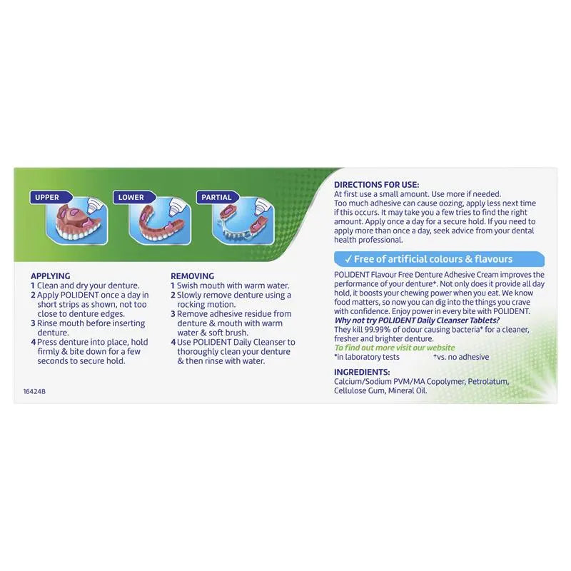 Polident Denture Adhesive Cream Flavour Free 2X60g Pack Twin Size