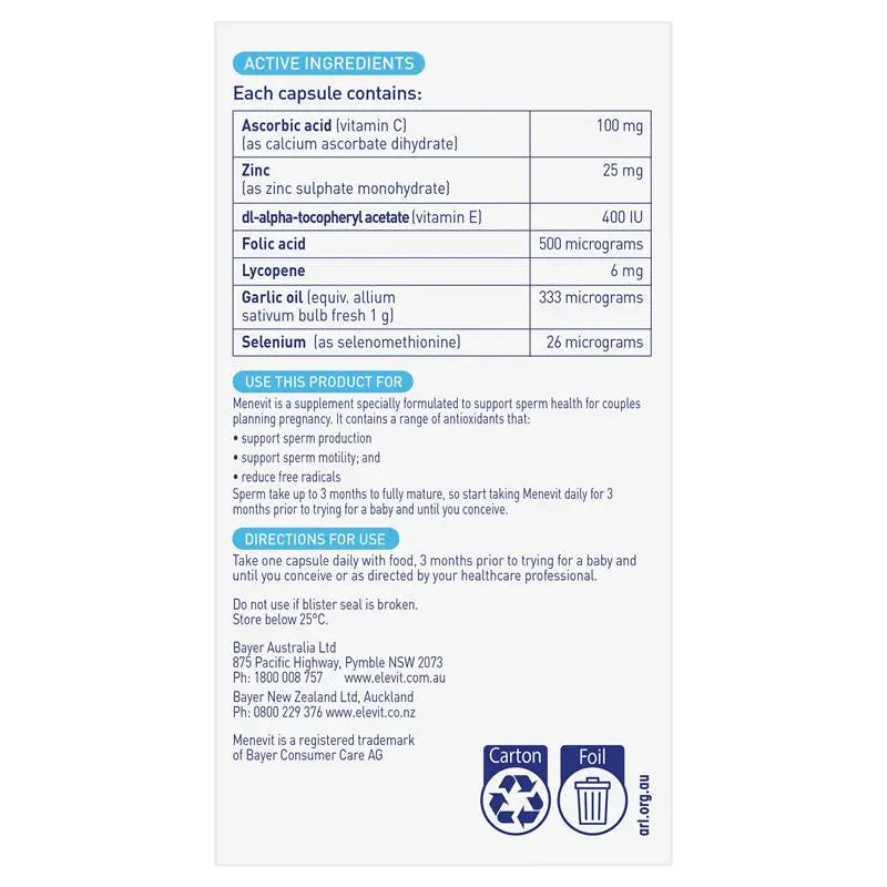 Menevit Pre-conception Sperm Health 30 Capsules