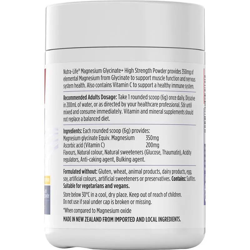 Nutra-Life Magnesium Glycinate + High Strength 180g Powder Citrus