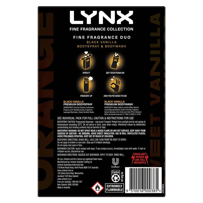 Lynx Fine Fragrance Collection Black Vanilla Body Spray and Body Wash Duo Set