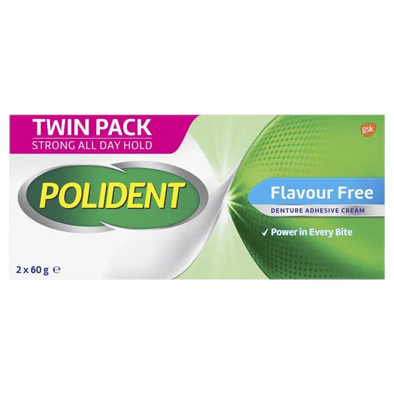 Polident Denture Adhesive Cream Flavour Free 2X60g Pack Twin Size