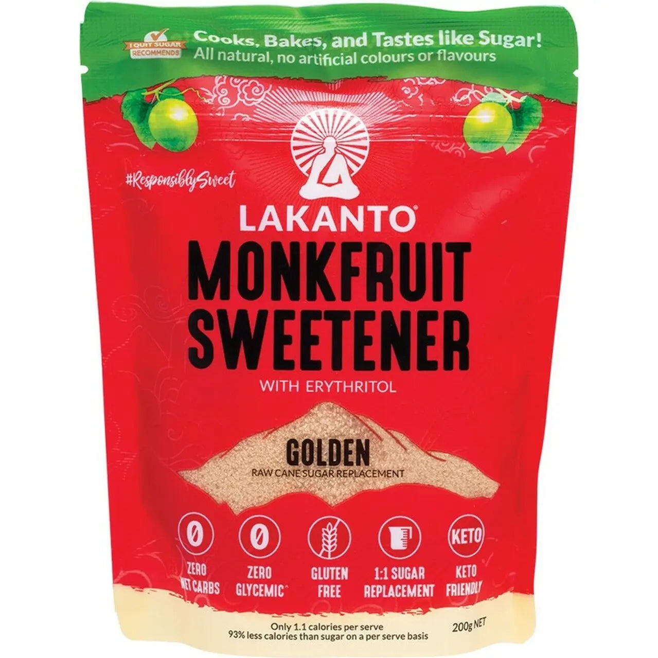 LAKANTO Golden - Monkfruit Sweetener Raw Cane Sugar Replacement 200g LAKANTO