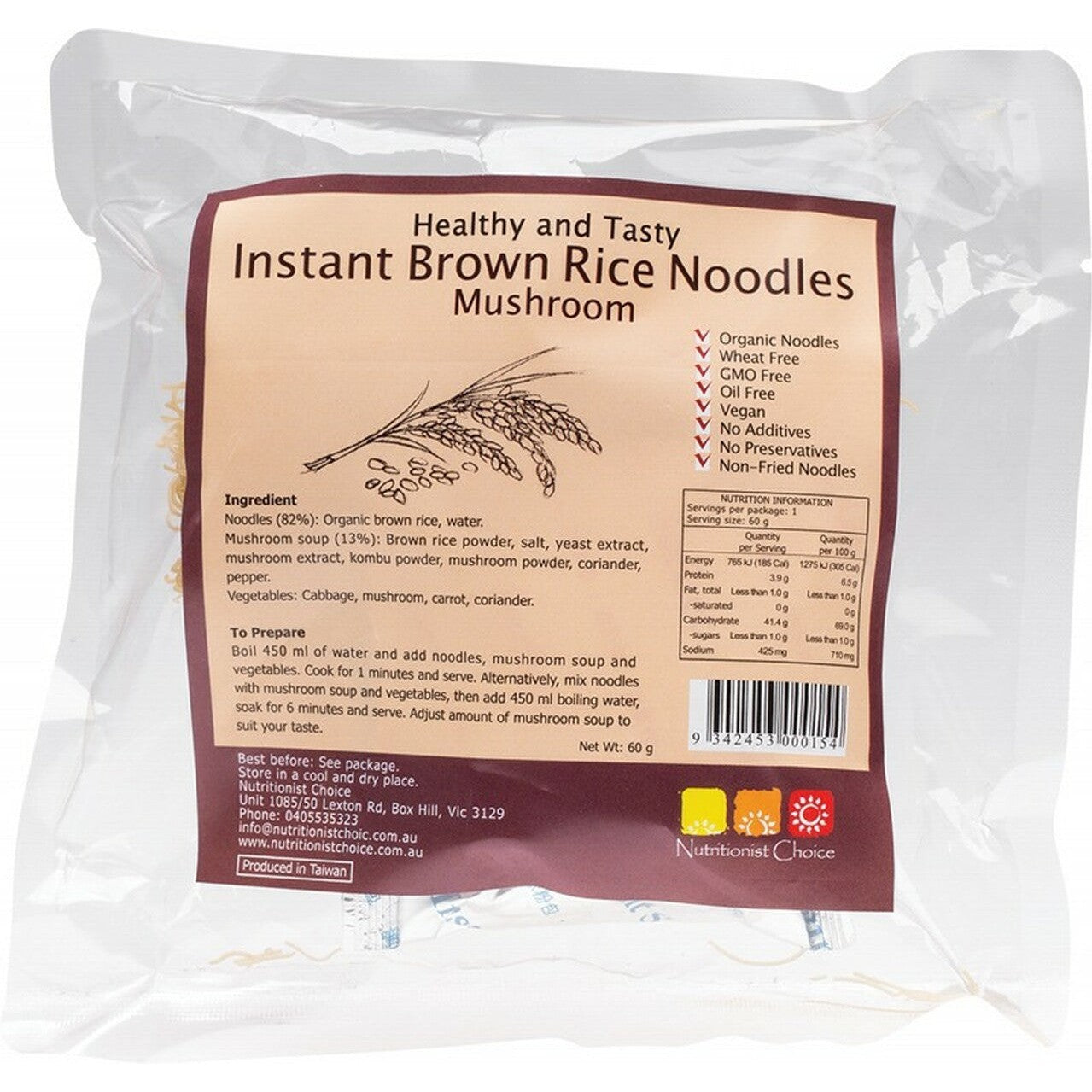 NUTRITIONIST CHOICE Instant Brown Rice Noodles Mushroom 60g - Cutprice Online