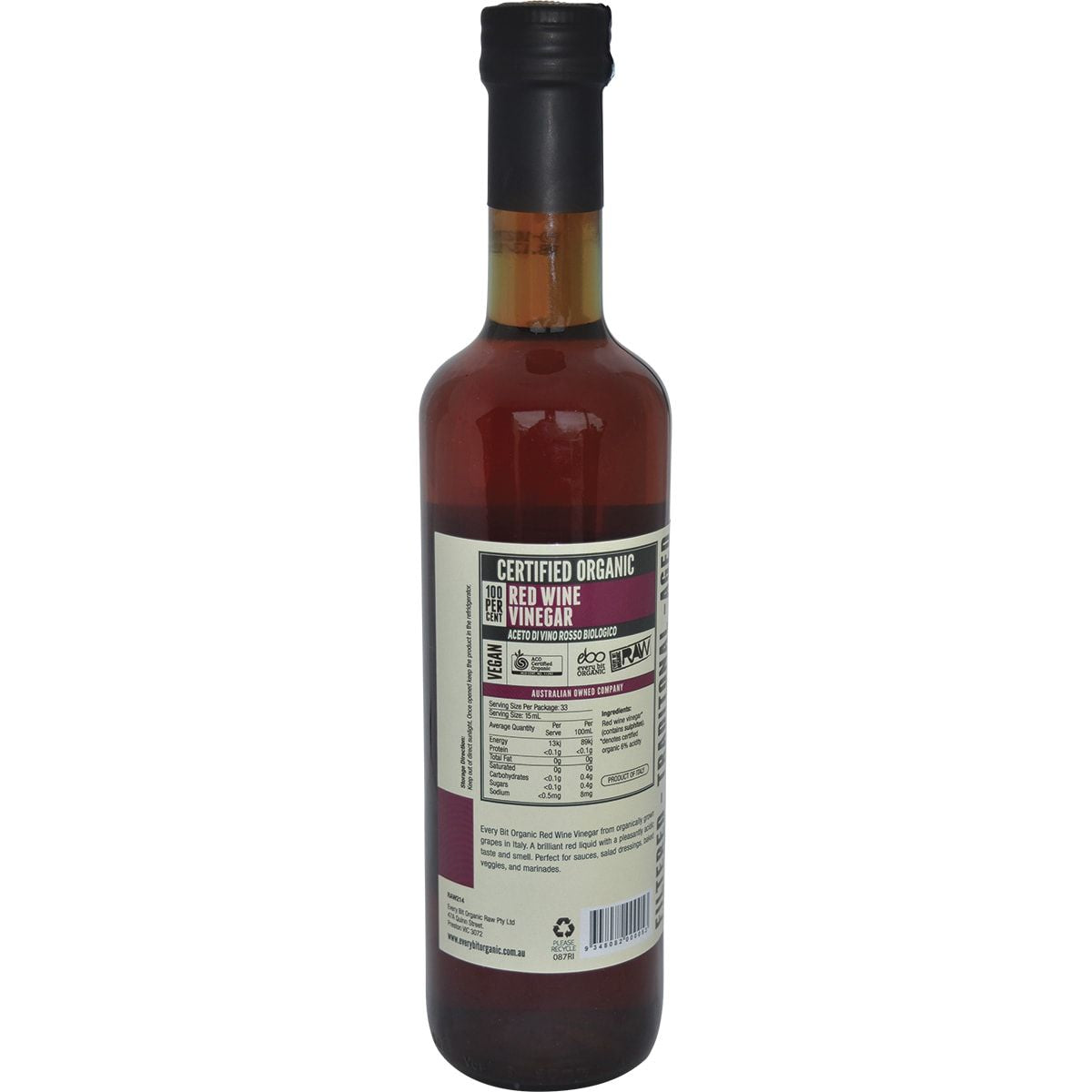 EVERY BIT ORGANIC RAW Red Wine Vinegar 500ml 6PK EVERY BIT