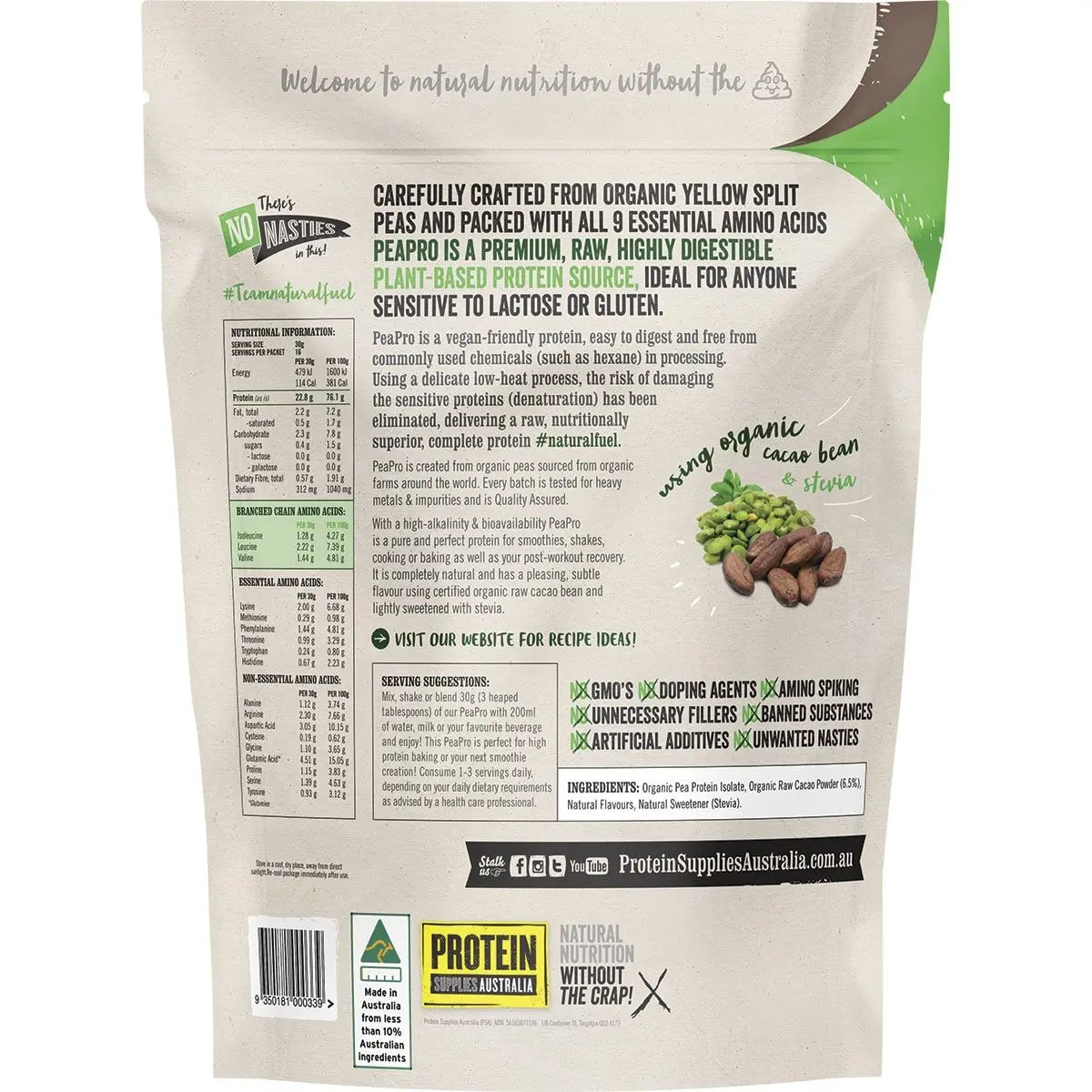 PROTEIN SUPPLIES AUSTRALIA PeaPro (Raw Pea Protein) Chocolate 500g PROTEIN SUPPLIES AUSTRALIA