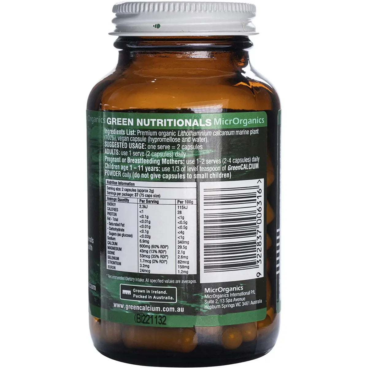 GREEN NUTRITIONALS Green Calcium Vegan Capsules (600mg) 60 GREEN NUTRITIONALS