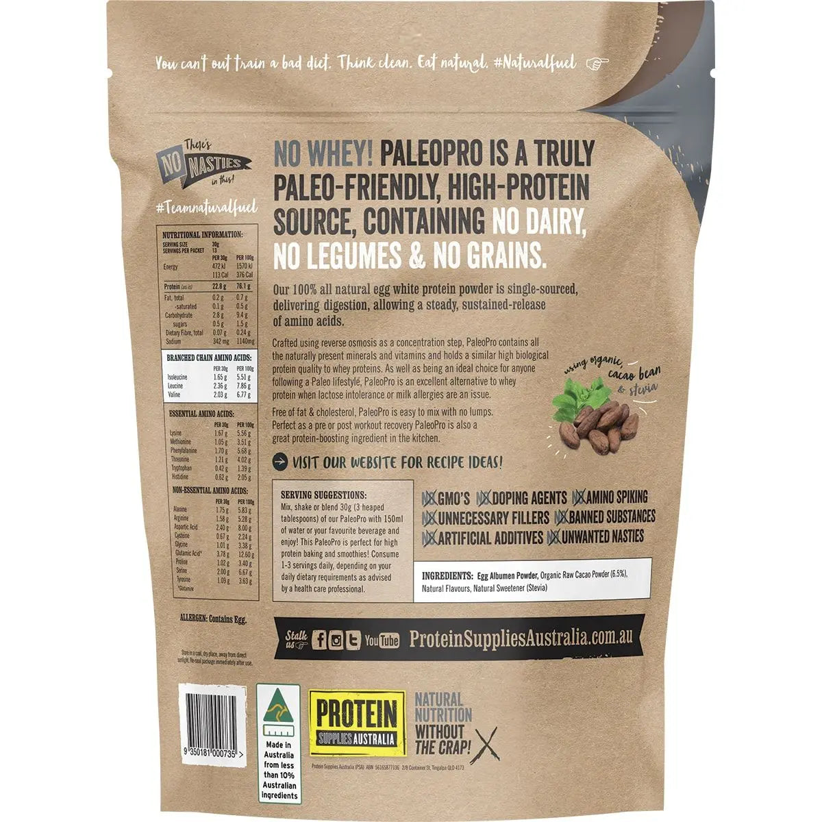 PROTEIN SUPPLIES AUSTRALIA PaleoPro (Egg White Protein) Chocolate 400g PROTEIN SUPPLIES AUSTRALIA