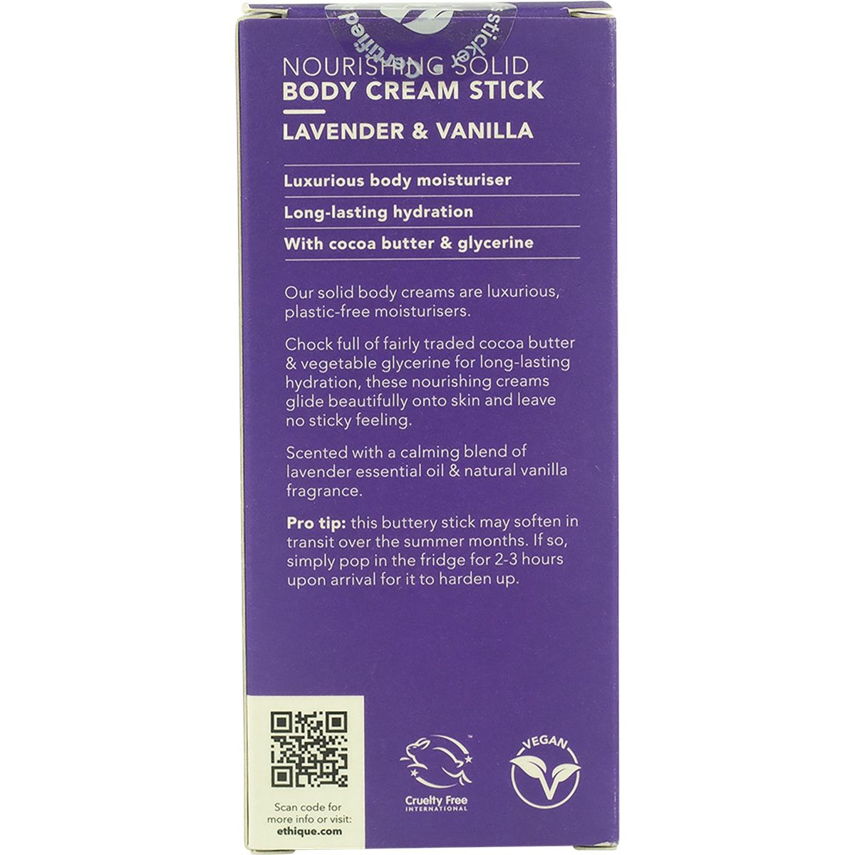 ETHIQUE Solid Body Cream Stick Lavender & Vanilla 100g ETHIQUE