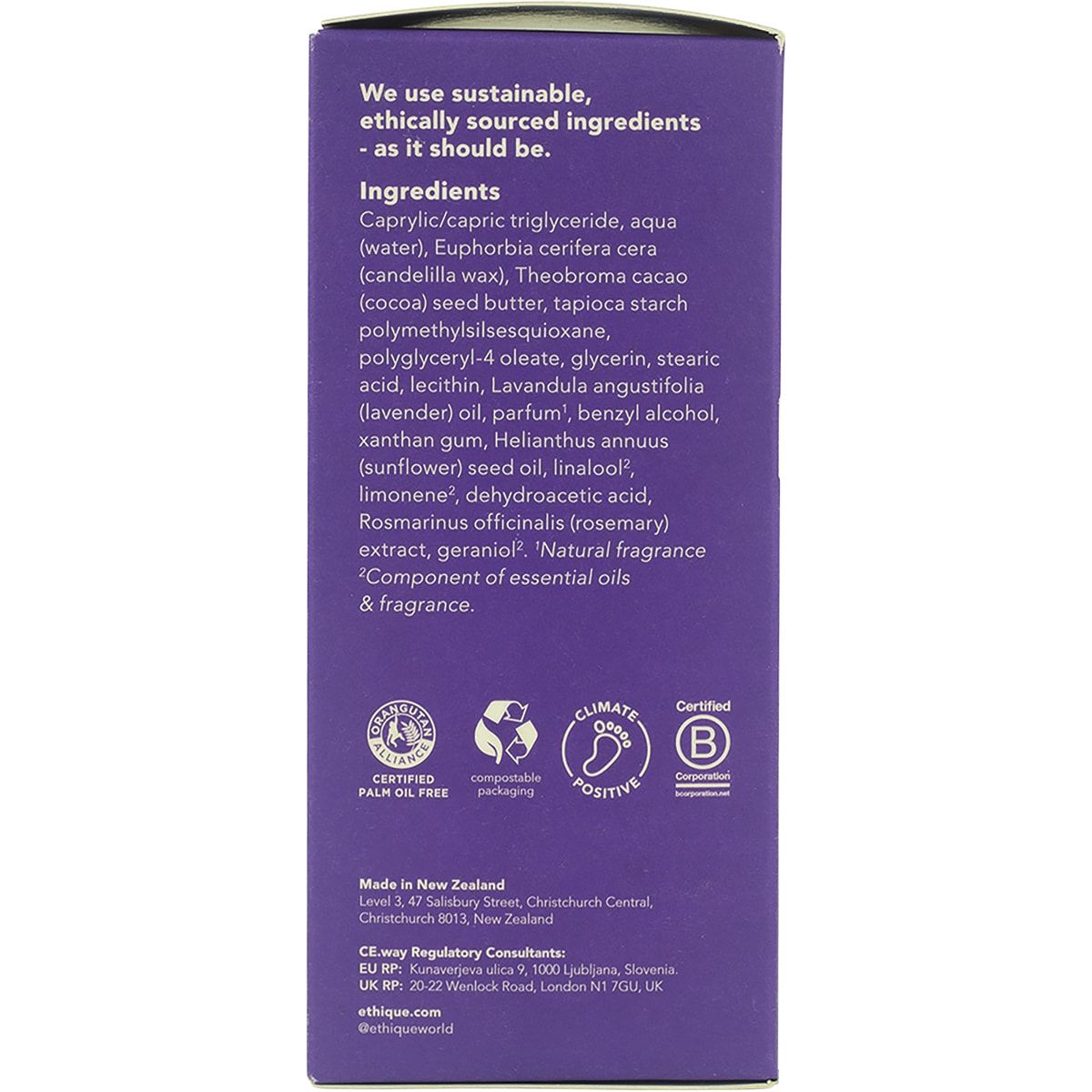 ETHIQUE Solid Body Cream Stick Lavender & Vanilla 100g ETHIQUE