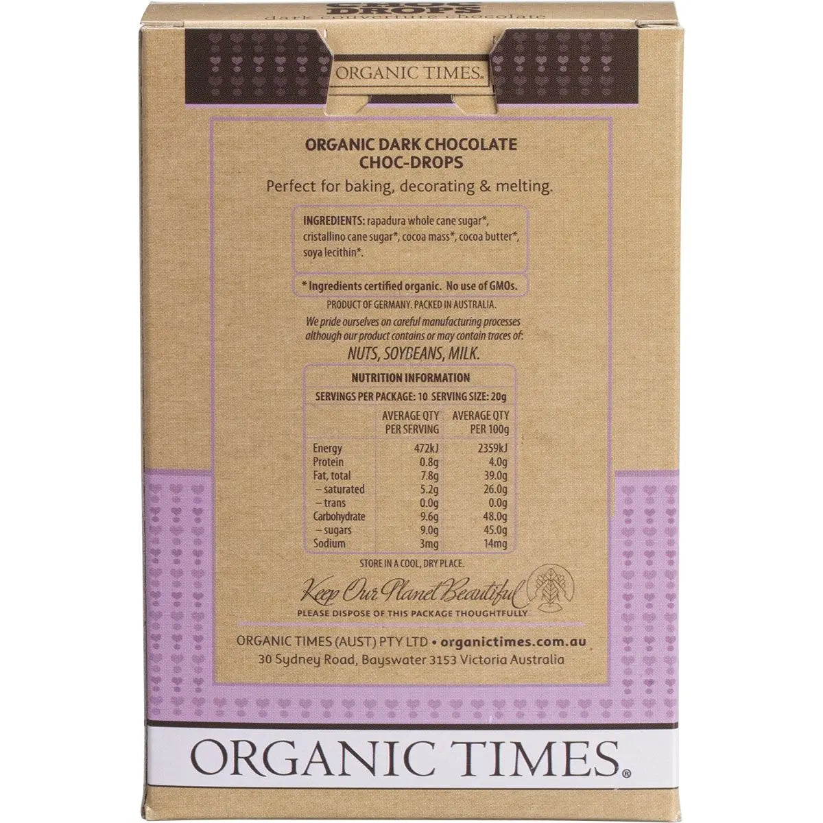 ORGANIC TIMES Choc Drops Dark Couverture Drops 200g ORGANIC TIMES