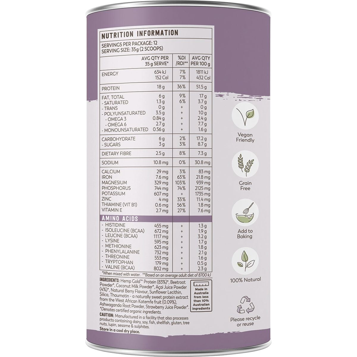 ESSENTIAL HEMP Organic Hemp Protein Mixed Berry & Acai 420g ESSENTIAL HEMP