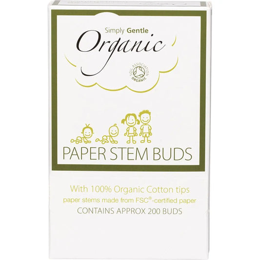 SIMPLY GENTLE ORGANIC Paper Stem Buds 100% Organic Cotton Tips 200 SIMPLY GENTLE
