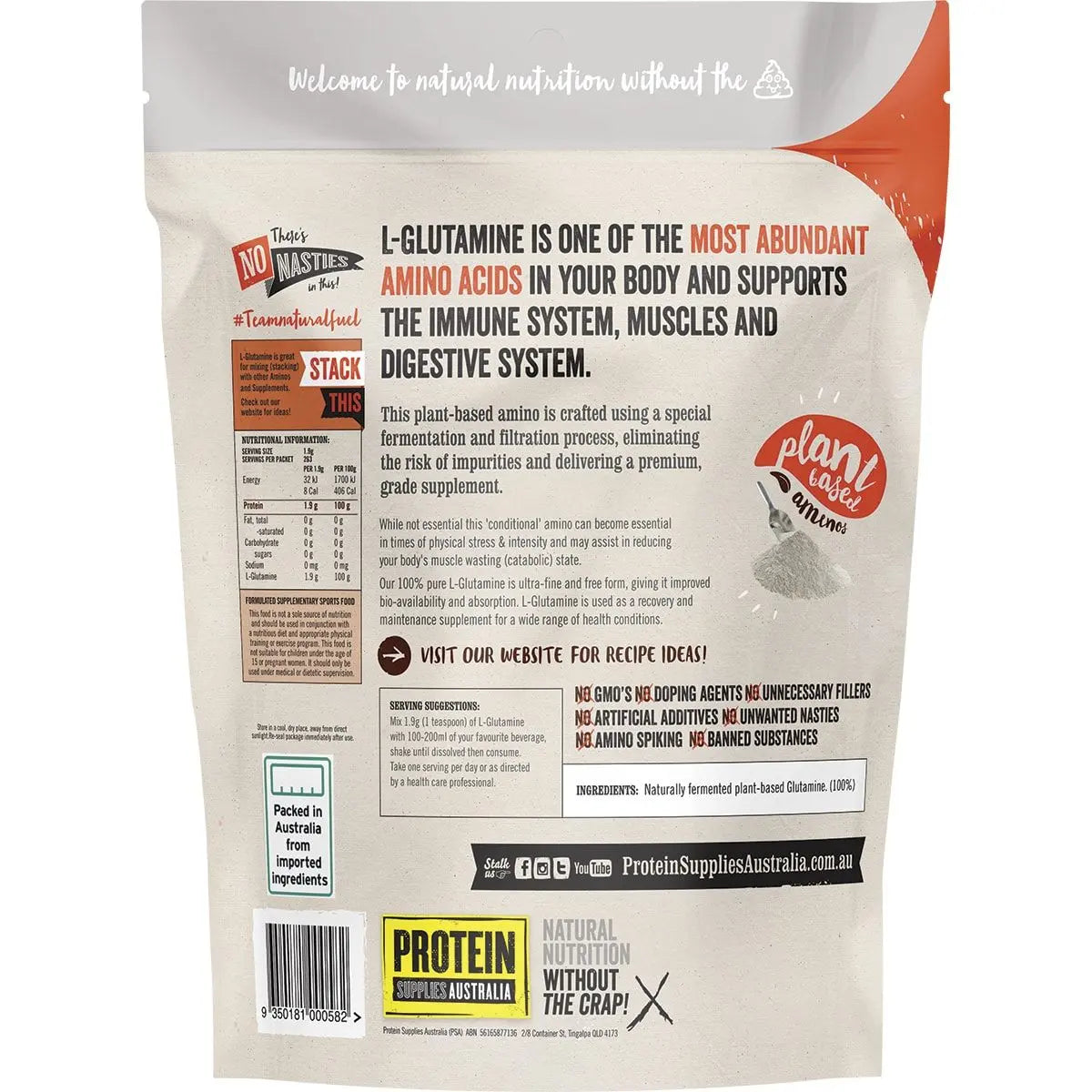 PROTEIN SUPPLIES AUSTRALIA L-Glutamine (Plant-based) Pure 500g PROTEIN SUPPLIES AUSTRALIA