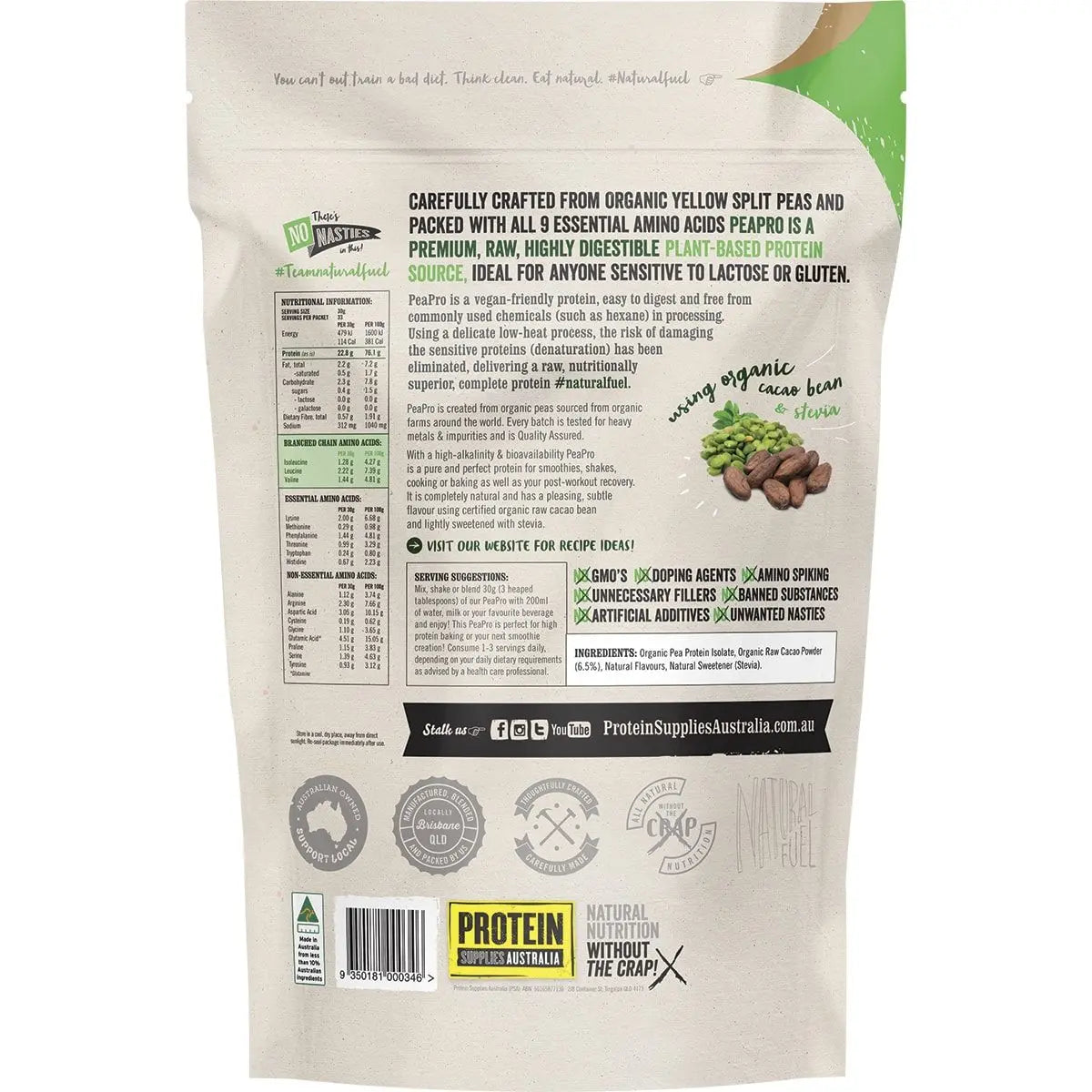 PROTEIN SUPPLIES AUSTRALIA PeaPro (Raw Pea Protein) Chocolate 1kg PROTEIN SUPPLIES AUSTRALIA