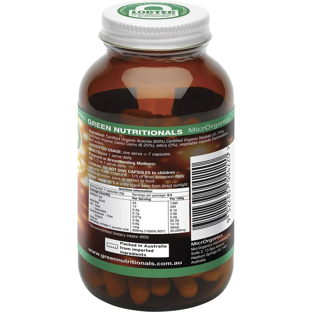 GREEN NUTRITIONALS Organic Green Vitamin C Vegan Capsules (600mg) 60 GREEN NUTRITIONALS