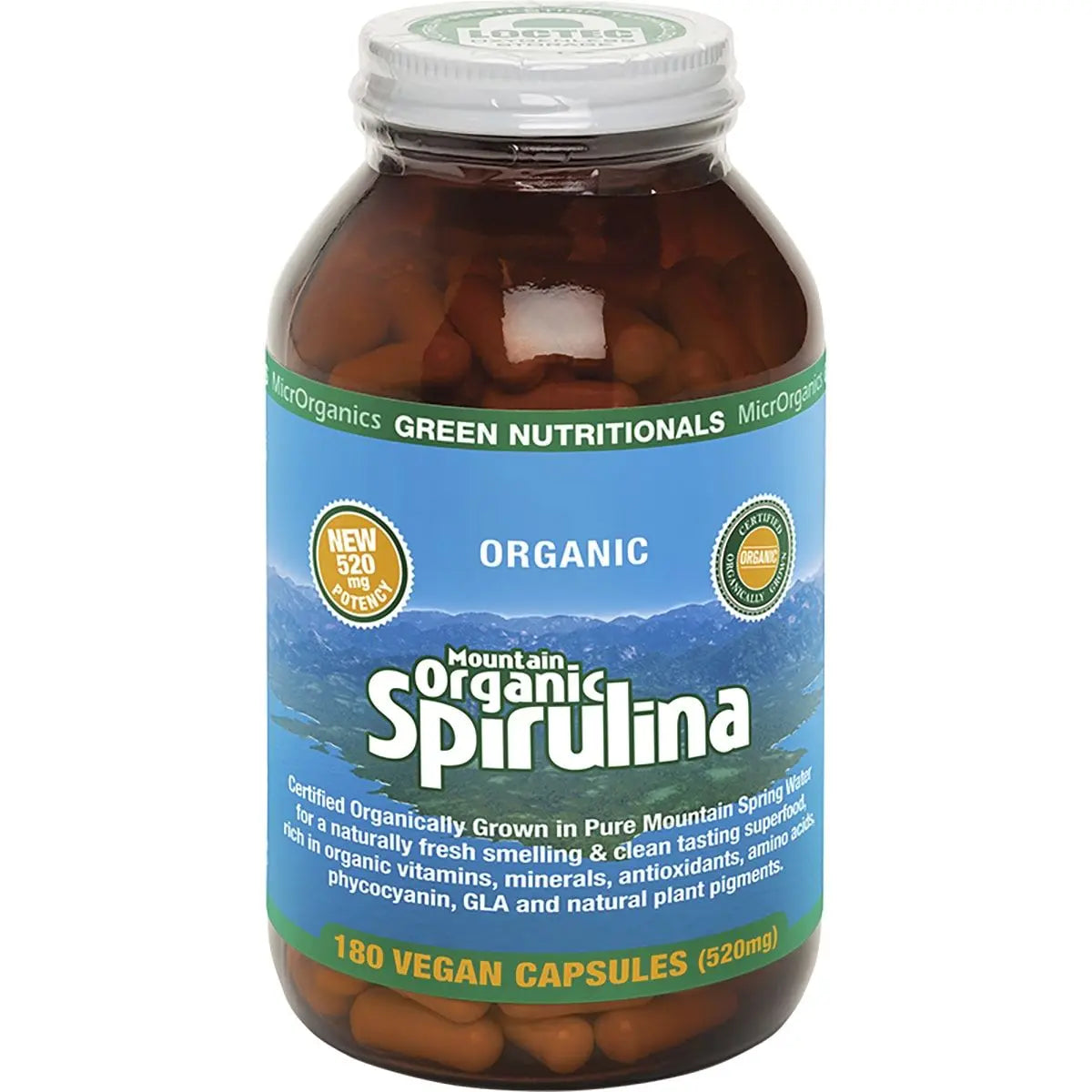 Green Nutritionals Mountain Organic Spirulina Vegan Capsules (520mg) 180 GREEN NUTRITIONALS