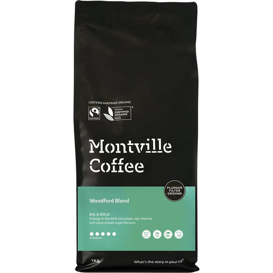 MONTVILLE COFFEE Coffee Ground (Plunger) Woodford Blend 1kg MONTVILLE