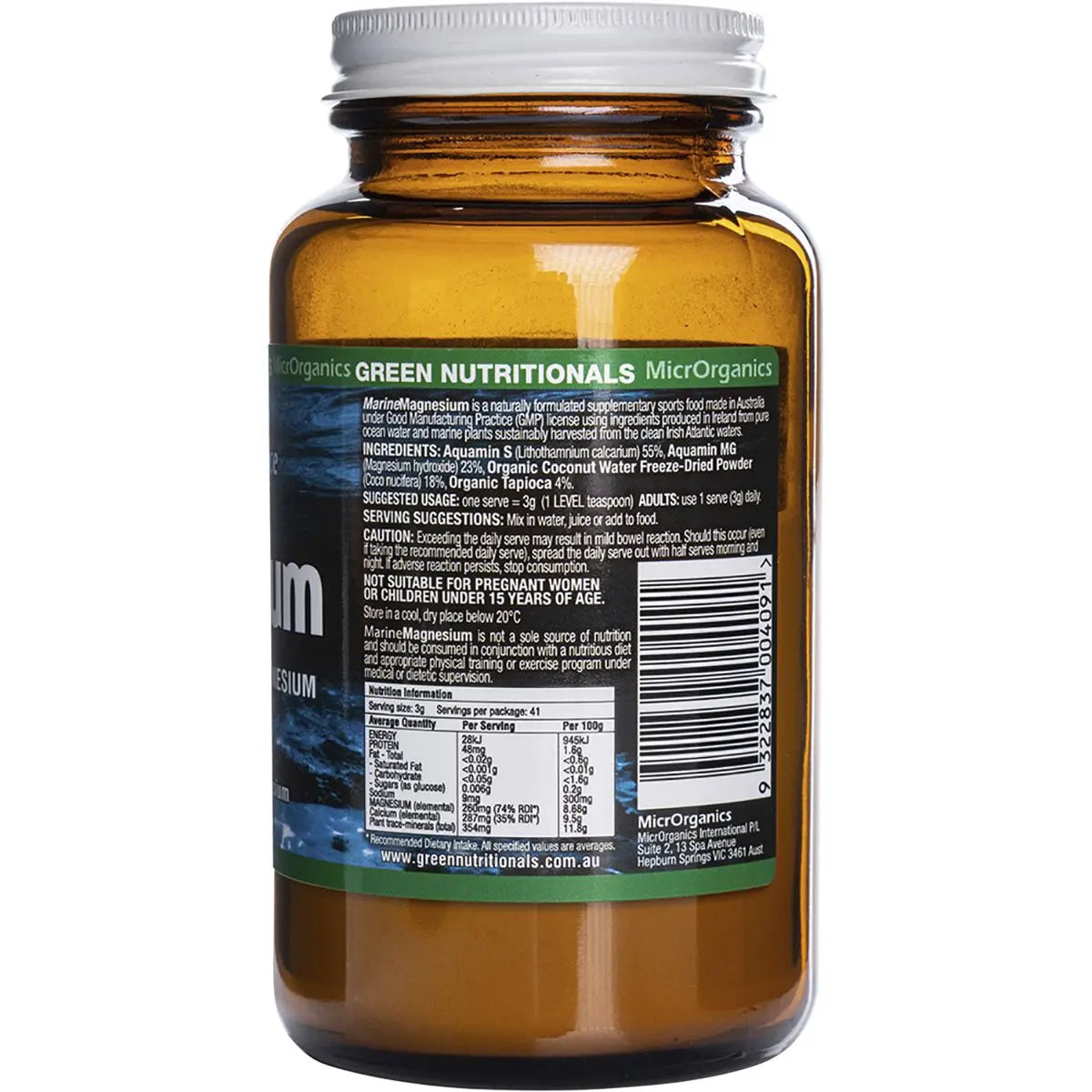 Green Nutritionals Marine Magnesium Powder (260mg) 100g GREEN NUTRITIONALS