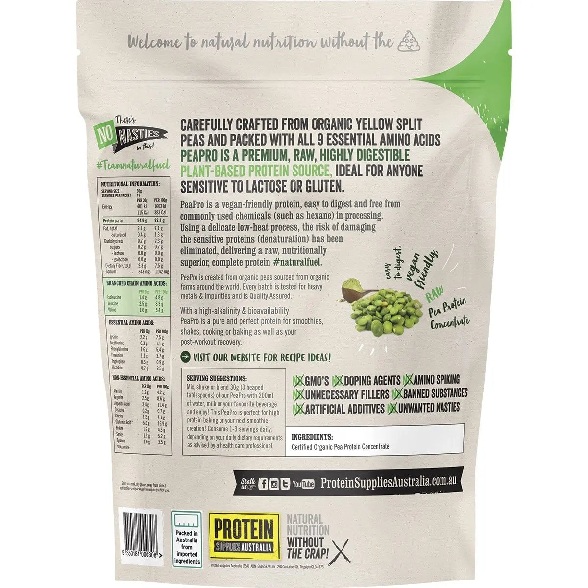 PROTEIN SUPPLIES AUSTRALIA PeaPro (Raw Pea Protein) Pure 500g PROTEIN SUPPLIES AUSTRALIA