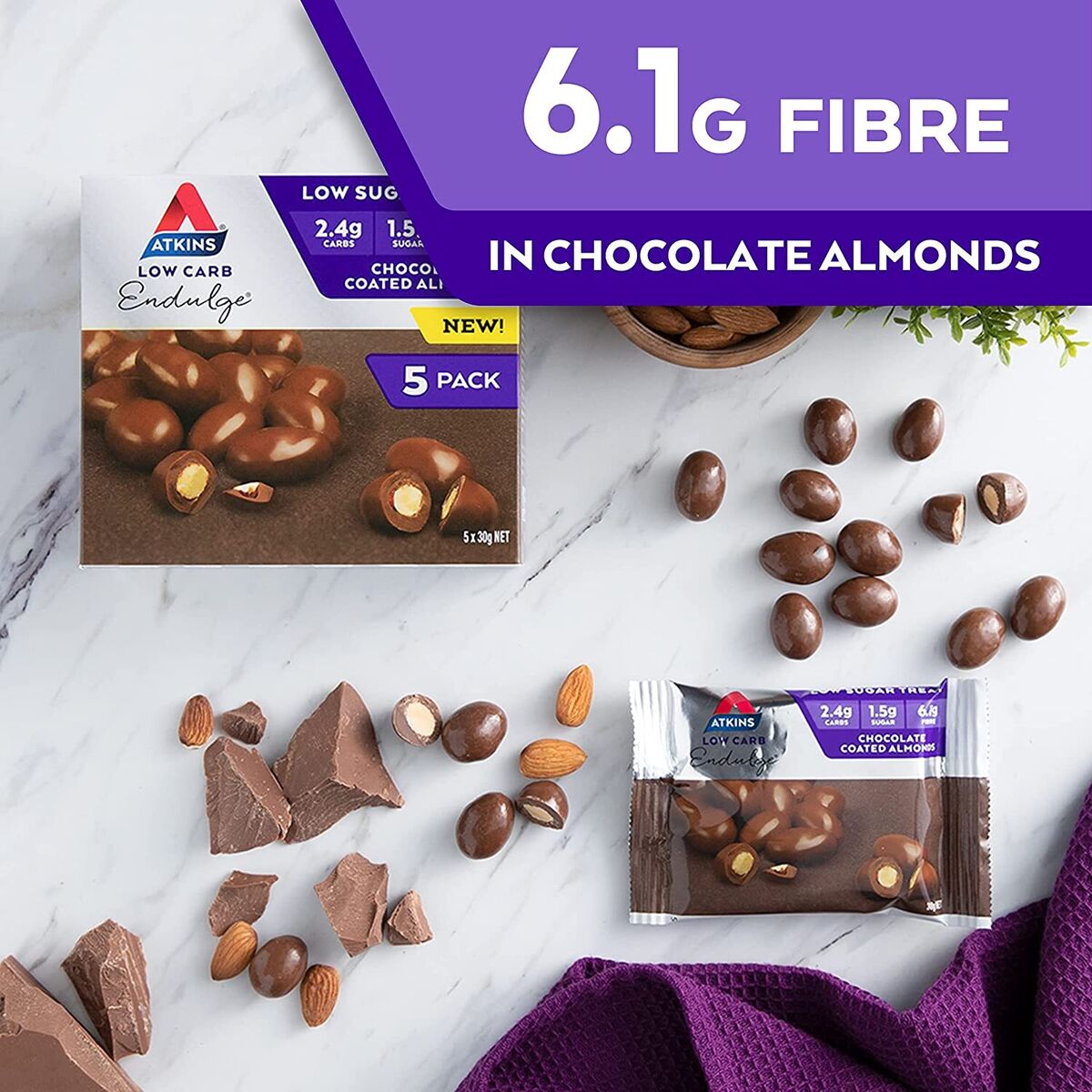 Atkins Low Carb Endulge Chocolate Coated Almonds 5 X 30g - Cutprice Online